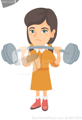 Image of Upset caucasian girl lifting heavy weight barbell