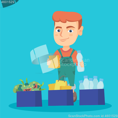 Image of Boy separating plastic, paper and food waste.