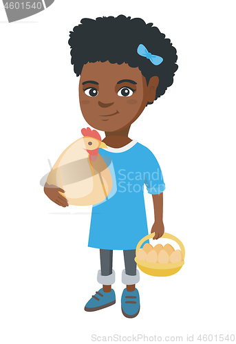 Image of African girl holding a chicken and hen eggs.