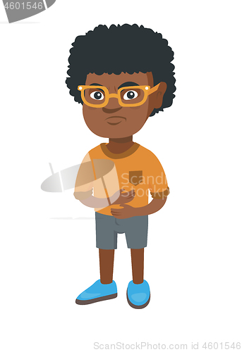 Image of African-american sad boy having stomach ache.