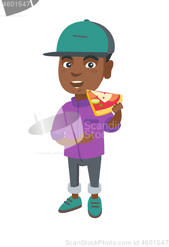 Image of African-american boy eating tasty pizza.