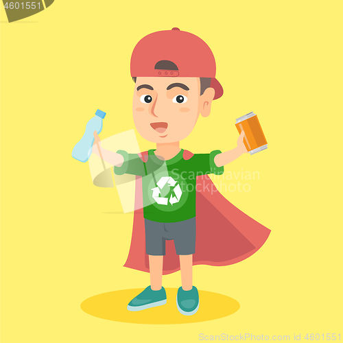 Image of Boy superhero with aluminum tin and plastic bottle