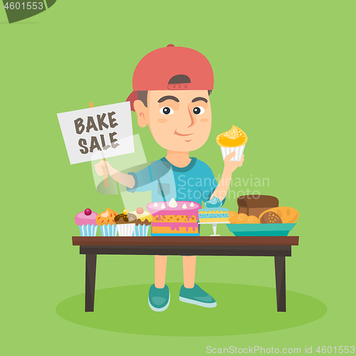 Image of Little caucasian boy running charity bake sale.