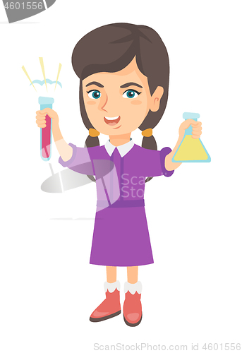Image of Little caucasian girl holding test tube and beaker