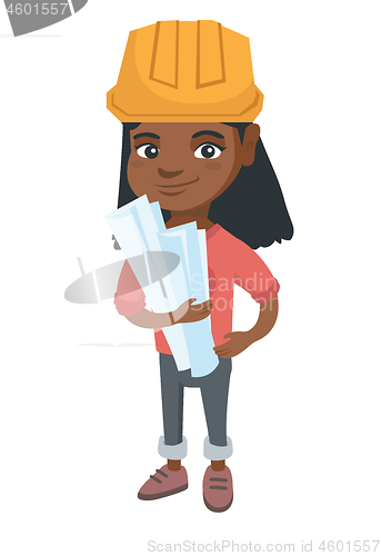 Image of Little african engineer girl holding paper plans.