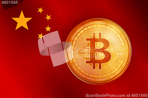 Image of Golden bitcoin coin symbol on the China flag.