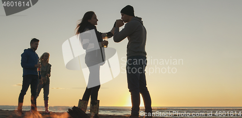 Image of Friends having fun at beach on autumn day