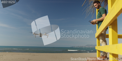 Image of Man Operating Drone By The Sea