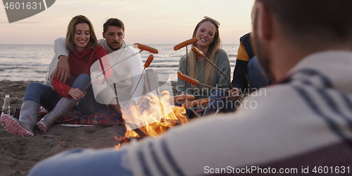 Image of Group Of Young Friends Sitting By The Fire at beach