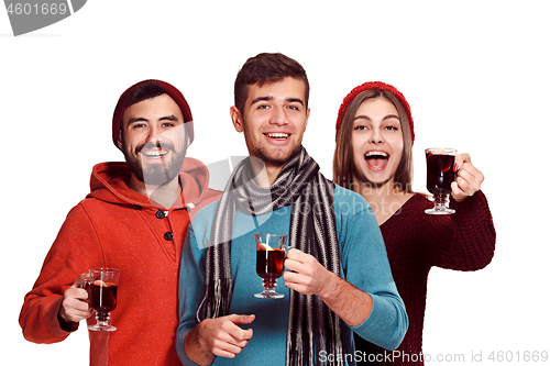 Image of Smiling european men and women during party photoshoot.