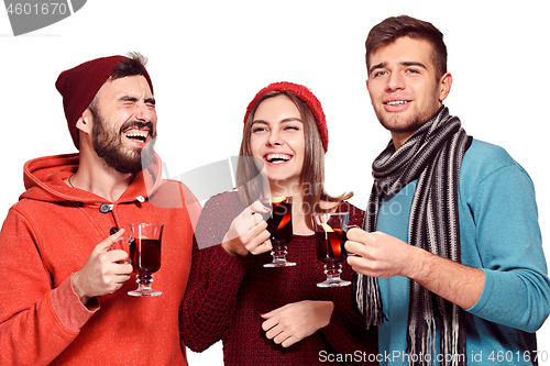 Image of Smiling european men and women during party photoshoot.