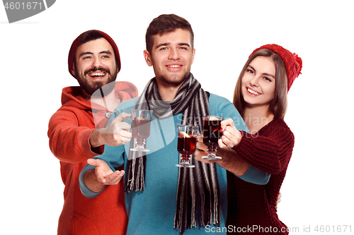 Image of Smiling european men and women during party photoshoot.