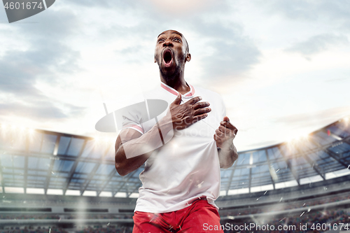 Image of The football player in motion on the field of stadium