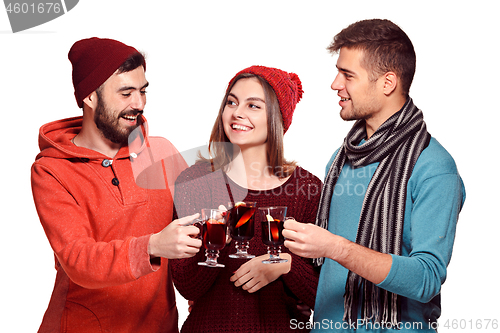 Image of Smiling european men and women during party photoshoot.