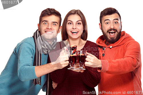 Image of Smiling european men and women during party photoshoot.