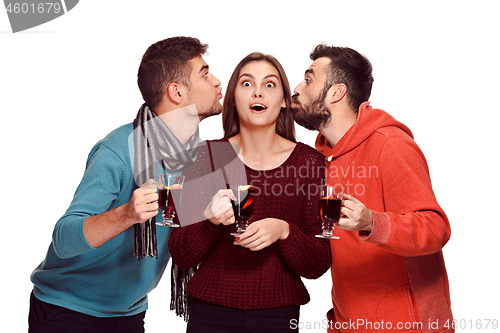 Image of Smiling european men and women during party photoshoot.