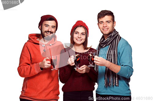 Image of Smiling european men and women during party photoshoot.