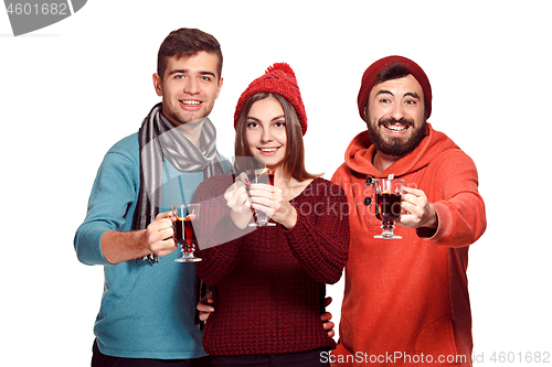 Image of Smiling european men and women during party photoshoot.