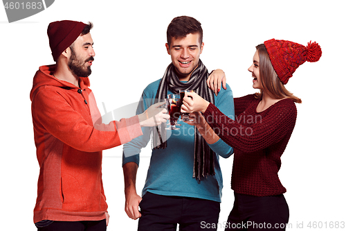 Image of Smiling european men and women during party photoshoot.