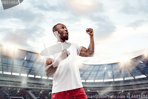 Image of The football player in motion on the field of stadium