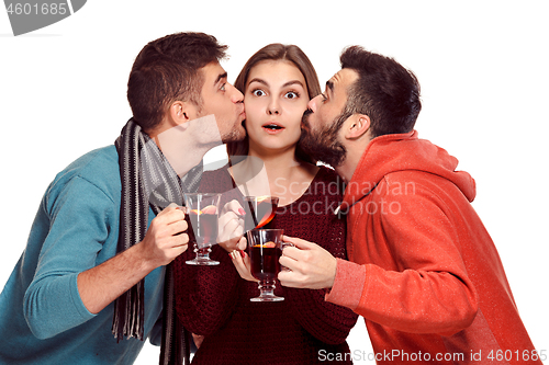 Image of Smiling european men and women during party photoshoot.