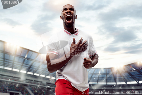 Image of The football player in motion on the field of stadium