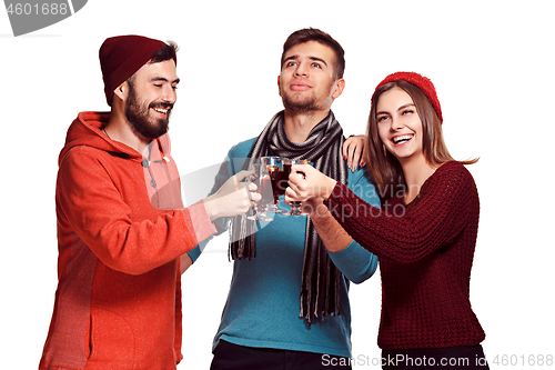 Image of Smiling european men and women during party photoshoot.