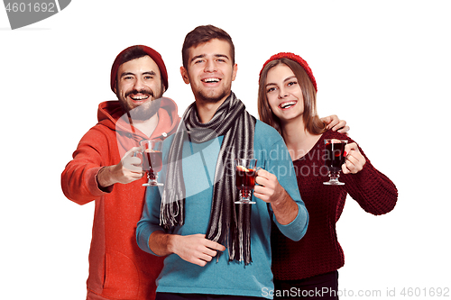 Image of Smiling european men and women during party photoshoot.