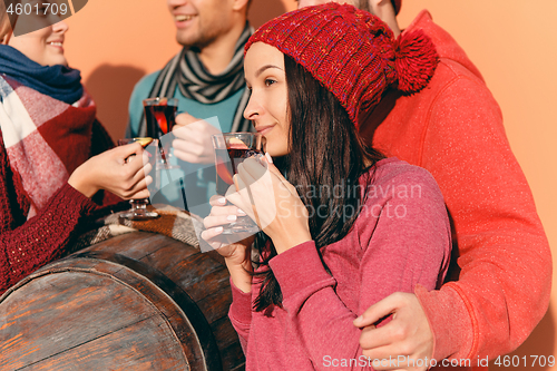 Image of Smiling european men and women during party photoshoot.