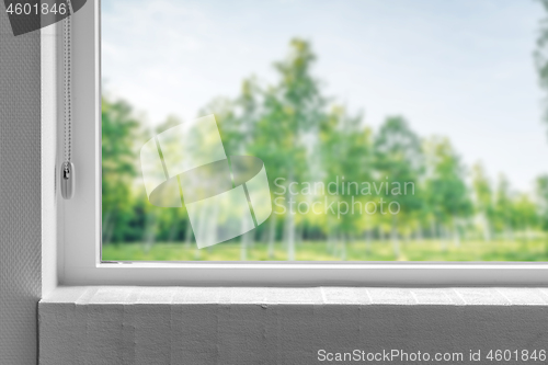 Image of Windowsill with a view to a green garden