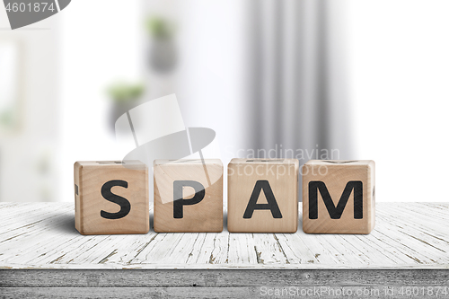 Image of Spam sign on a white desk with wooden blocks