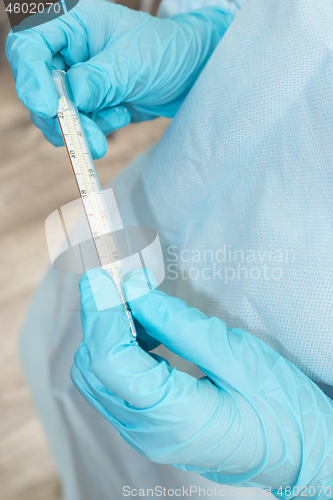 Image of Hands of medic in sterile gown and gloves hold thermometer