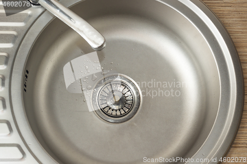 Image of Drops on the bottom of clean round metal kitchen sink with a leaking tap