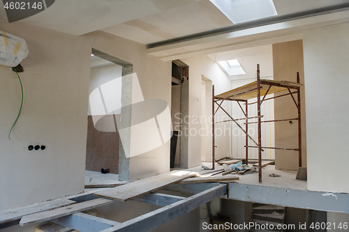 Image of interior of construction site with scaffolding