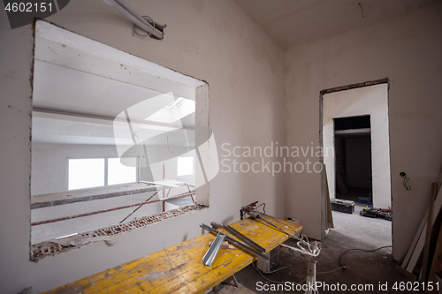 Image of interior of construction site with scaffolding