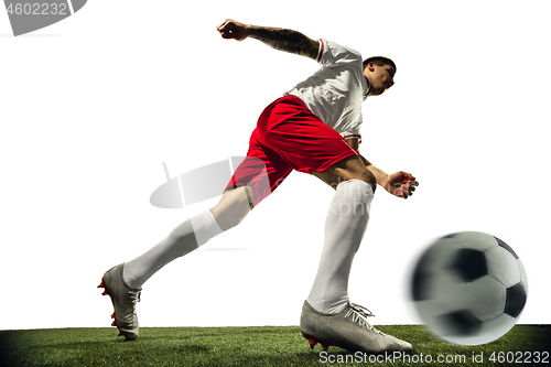 Image of Football or soccer player on white background - motion, action, activity concept