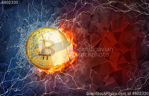 Image of Golden bitcoin coin hard fork in fire flame, lightning and water splashes.