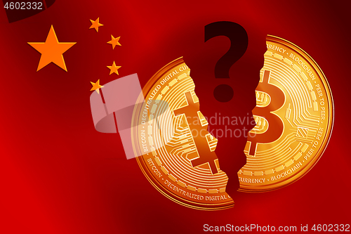 Image of Split golden bitcoin coin symbol with question mark on the China flag.