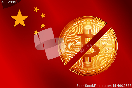 Image of Crossed out golden bitcoin coin symbol on the China flag.
