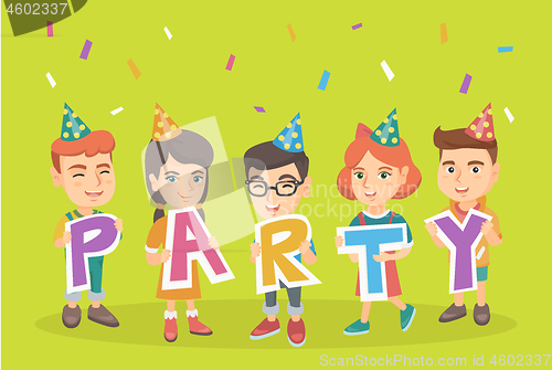 Image of Group of caucasian children celebrating the party.