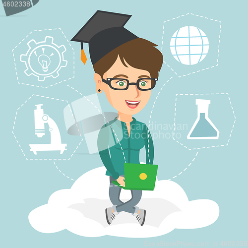 Image of Young caucasian graduate sitting on the cloud.