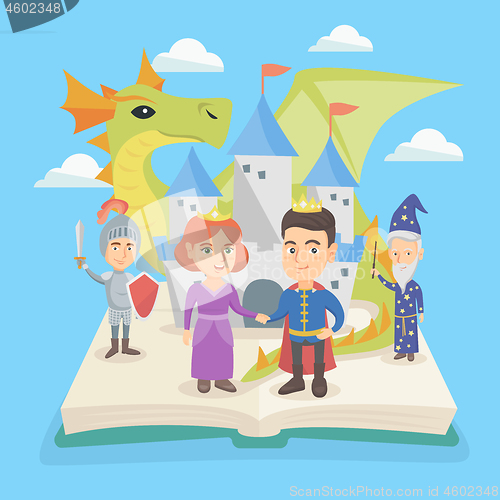 Image of Open book with castle and characters of fairytale.