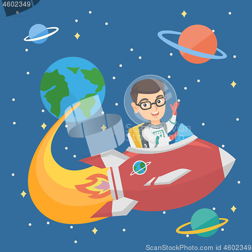 Image of Caucasian smiling boy riding a spaceship.