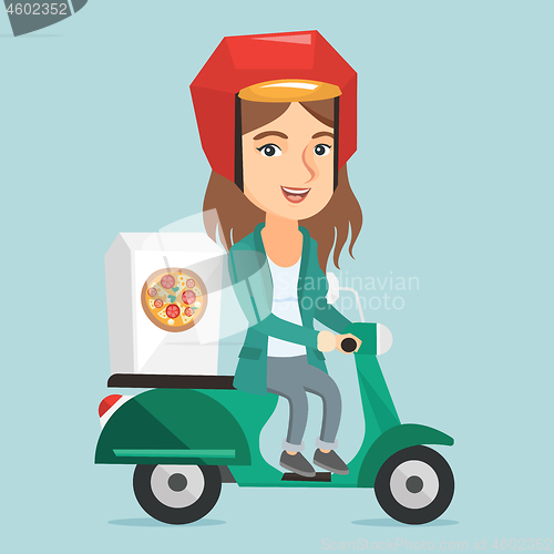 Image of Caucasian woman delivering pizza on scooter.