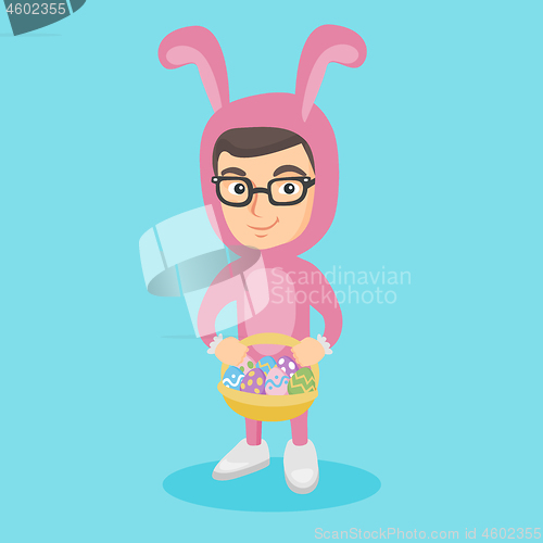 Image of Boy in rabbit suit with the basket of easter eggs.