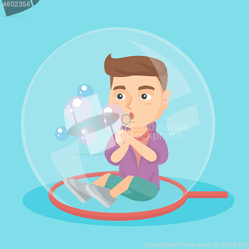 Image of Caucasian boy sitting inside a big soap bubble.