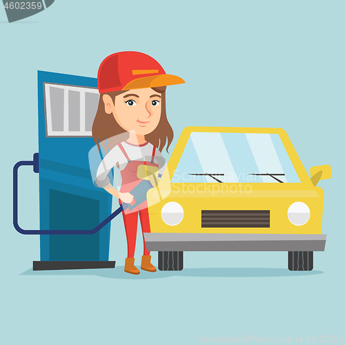 Image of Caucasian worker of gas station refueling a car.