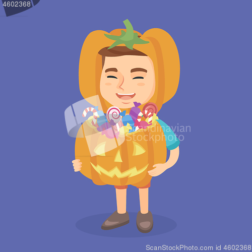 Image of Boy in a halloween costume with pumpkin basket.