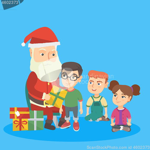 Image of Santa claus giving presents to a group of kids.