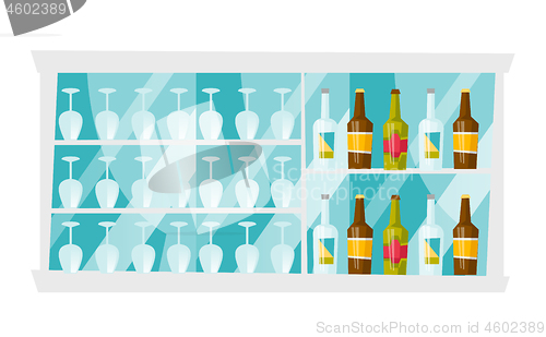 Image of Shelves with bottles and glasses vector cartoon.